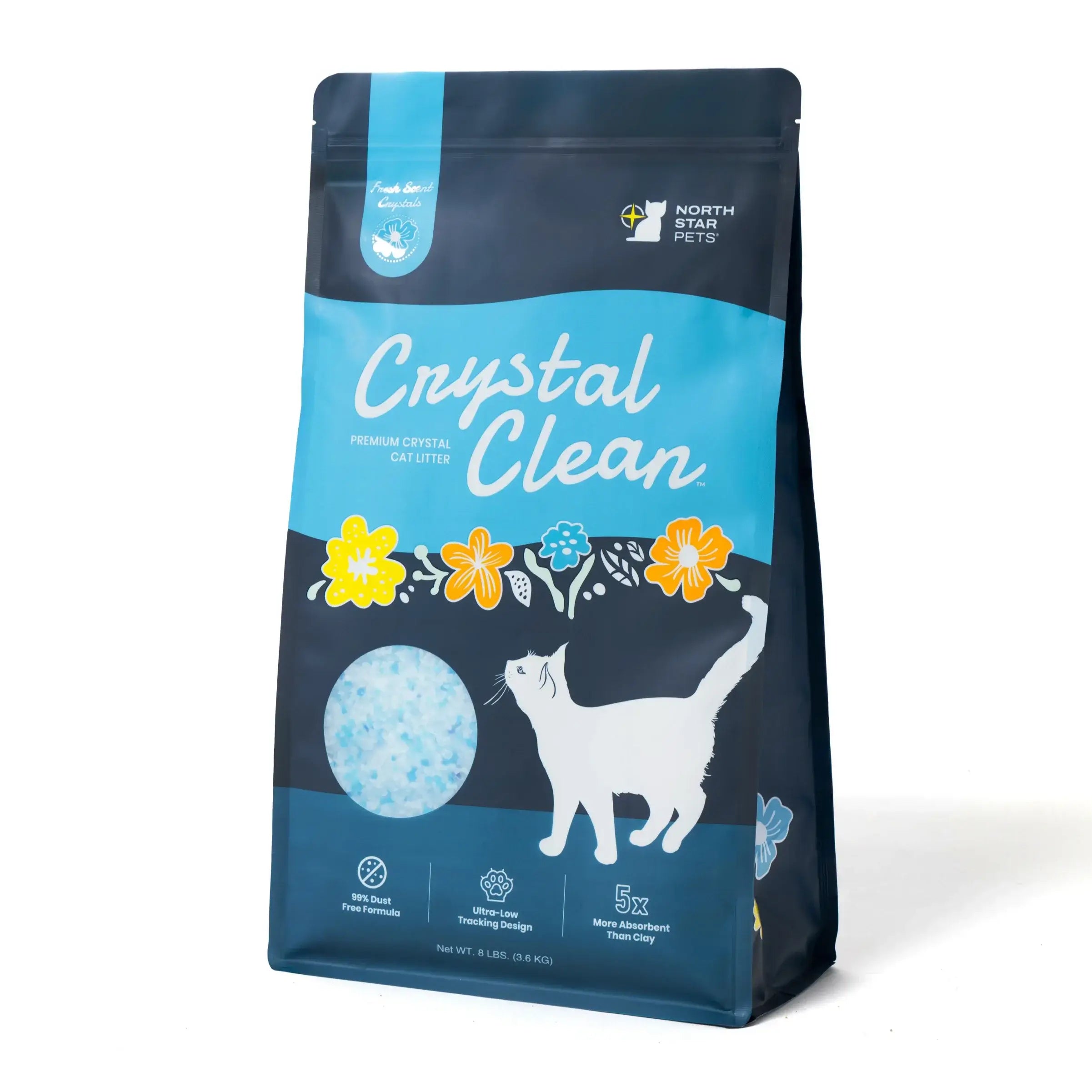 A 8 lb bag of Crystal Clean Premium Crystal Cat Litter, featuring a dark navy blue and light blue design with a white cat silhouette and colorful floral accents.