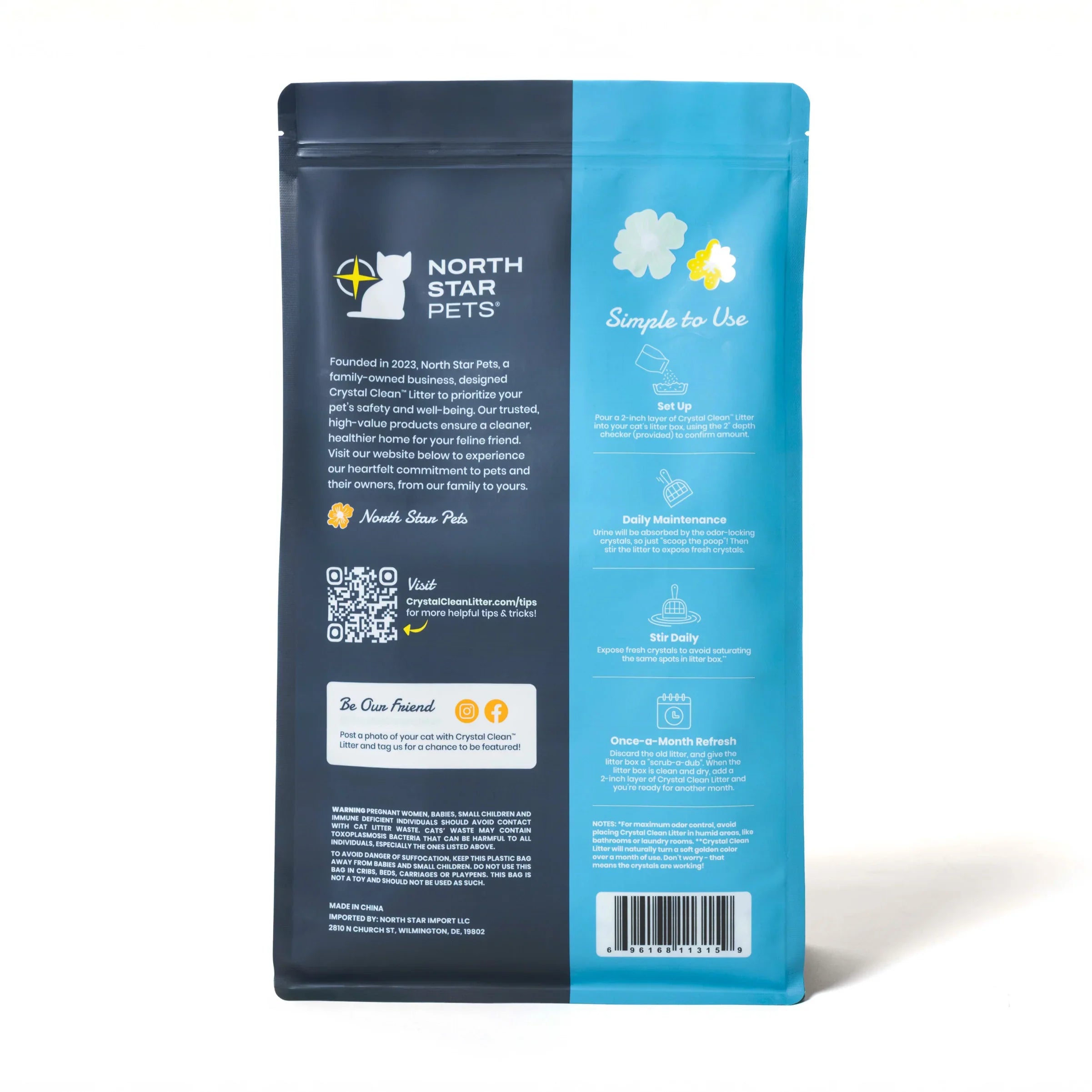 Back of North Star Pets non-clumping Crystal Clean cat litter bag with usage and safety information