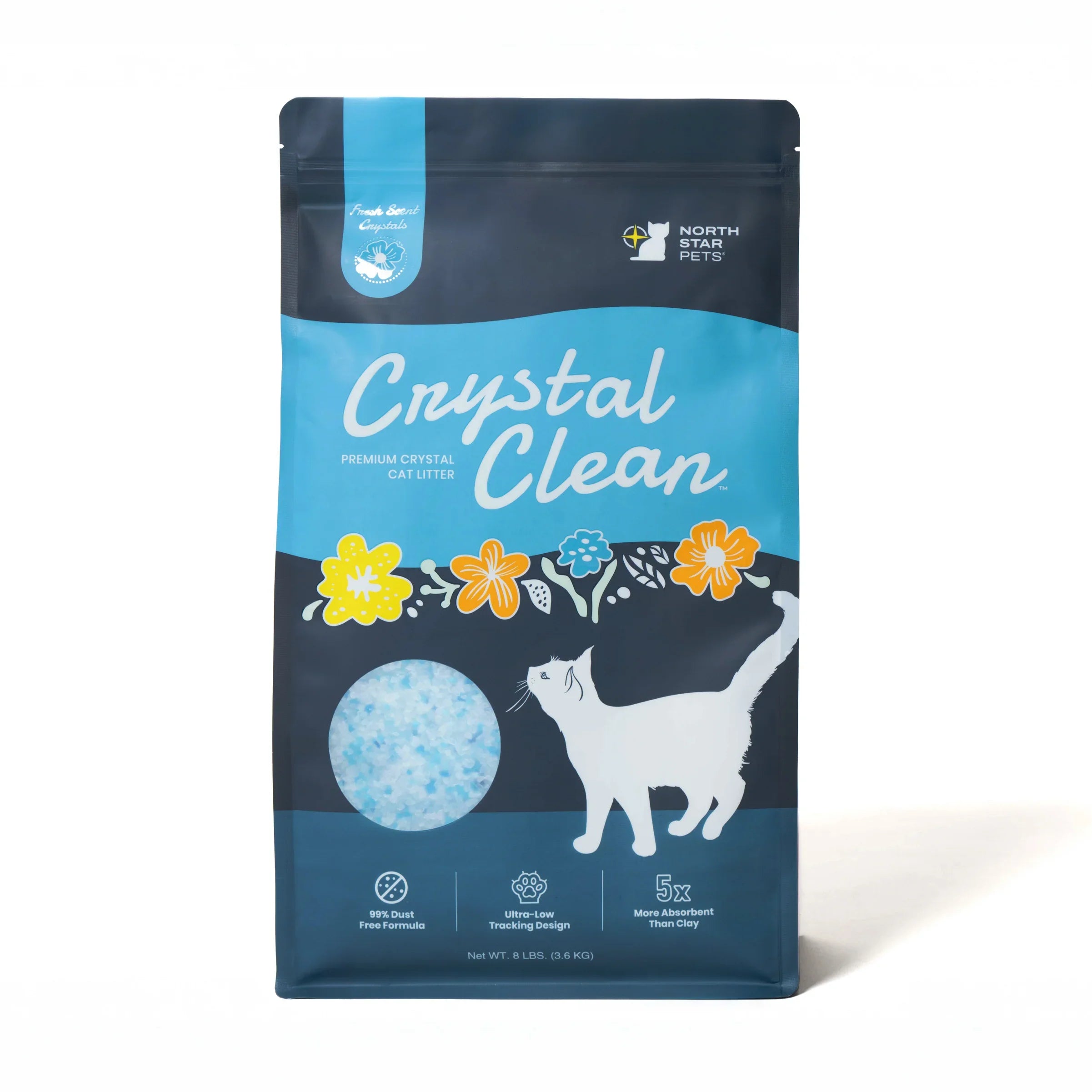 Crystal Clean premium non-clumping cat litter package with floral design and white cat illustration