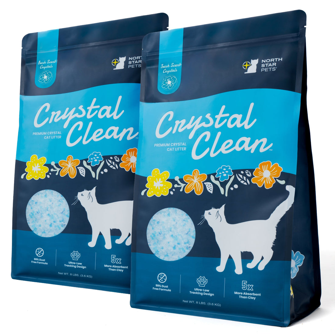 Two packages of Crystal Clean cat litter on a white background